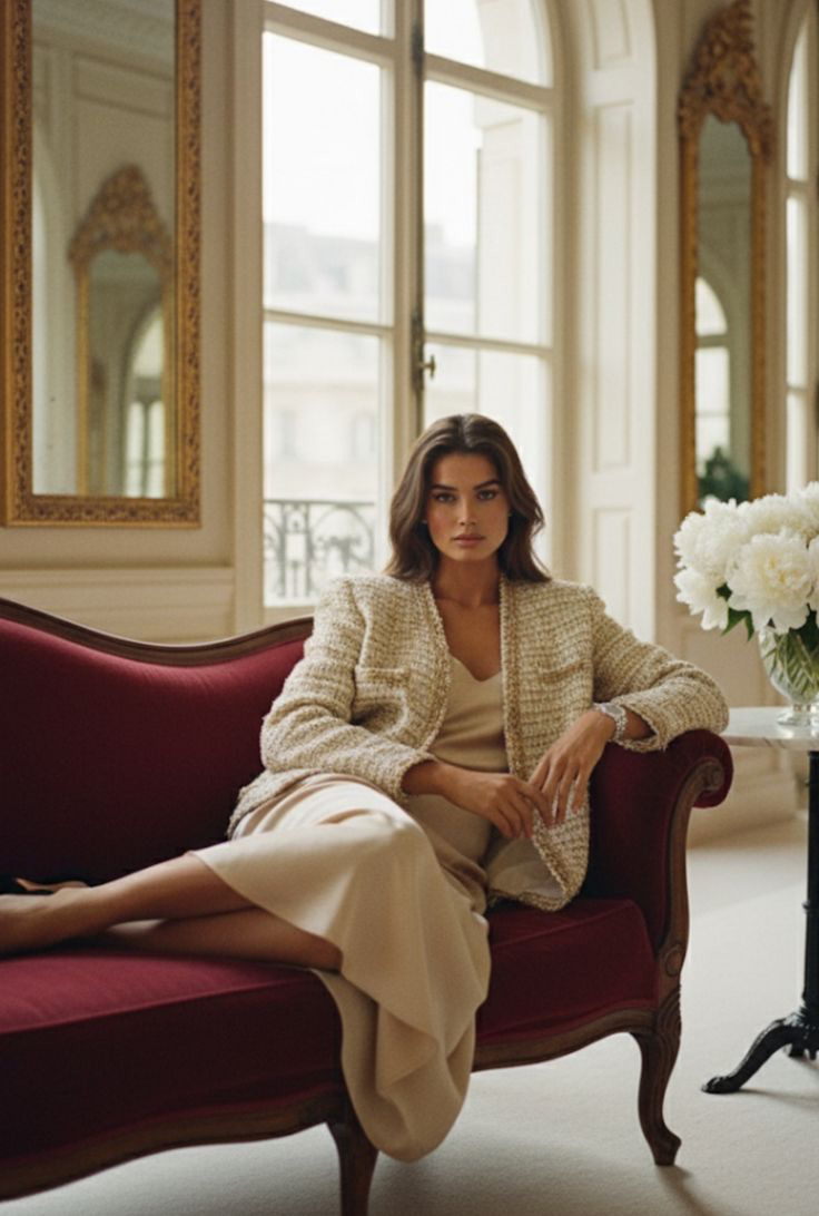 Woman in a tweed jacket seated on a burgundy sofa
