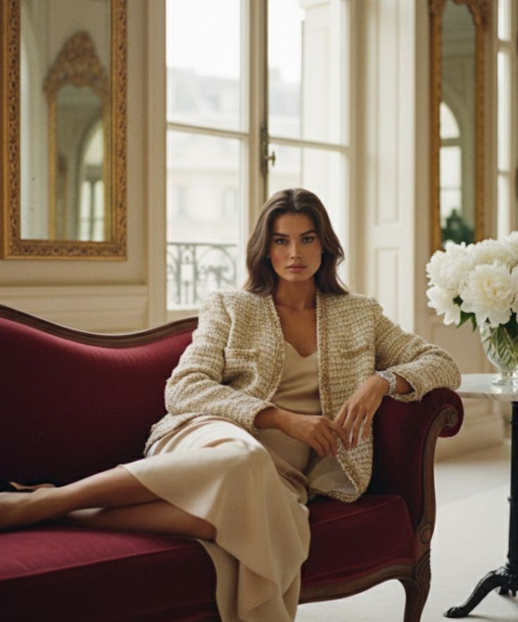 Woman in a tweed jacket seated on a burgundy sofa